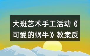 大班藝術(shù)手工活動(dòng)《可愛(ài)的蝸?！方贪阜此?></p>										
													<h3>1、大班藝術(shù)手工活動(dòng)《可愛(ài)的蝸?！方贪阜此?/h3><p>　　活動(dòng)目標(biāo)：</p><p>　　1.學(xué)習(xí)用卡紙制作蝸牛，表現(xiàn)蝸牛的身體。</p><p>　　2.通過(guò)觀看示范，了解制作的基本方法，把握剪和折的方法。</p><p>　　3.在手工活動(dòng)中，保持桌面和地面整潔，養(yǎng)成良好的手工活動(dòng)習(xí)慣。</p><p>　　4.培養(yǎng)幼兒的觀察、操作、表達(dá)能力，提高幼兒的審美情趣及創(chuàng)新意識(shí)。</p><p>　　5.培養(yǎng)幼兒養(yǎng)成有序擺放工具、材料的習(xí)慣。</p><p>　　活動(dòng)準(zhǔn)備：</p><p>　　1.每組有小籮筐一個(gè)(里面有各種顏色的卡紙)</p><p>　　2.記號(hào)筆，固體膠，剪刀</p><p>　　3.蝸牛范例一個(gè)</p><p>　　活動(dòng)過(guò)程：</p><p>　　一、激趣導(dǎo)入</p><p>　　1.小朋友，我們來(lái)猜一個(gè)謎語(yǔ)：沒(méi)有腳，沒(méi)有手，背著房子到處走.要是有人碰碰它，趕緊躲到房子里。你知道這是什么小動(dòng)物嗎?動(dòng)腦筋想一想哦!(這是蝸牛)</p><p>　　2.你們喜歡蝸牛嗎?我們一起來(lái)做可愛(ài)的小蝸牛。</p><p>　　二、課件演示</p><p>　　三、觀察學(xué)習(xí)</p><p>　　1.認(rèn)識(shí)做蝸牛的材料。(剪刀、固體膠、記號(hào)筆、卡紙)</p><p>　　2.出示一只做好的蝸牛，幼兒觀察。</p><p>　　3.示范蝸牛制作方法：</p><p>　　(1)用記號(hào)筆在卡紙上畫(huà)一個(gè)大圓和一個(gè)小圓，用剪刀剪下來(lái)。</p><p>　　(2)畫(huà)上兩個(gè)大大的眼睛，用剪刀剪下來(lái)。</p><p>　　(3)在校園上畫(huà)上自己喜歡的花紋，這是蝸牛的房子。</p><p>　　(4)還要剪下一條長(zhǎng)長(zhǎng)的觸角，用手對(duì)折拉開(kāi)。</p><p>　　(5)最后，請(qǐng)固體膠來(lái)幫助把它們變成一只可愛(ài)的蝸牛。(大大圓對(duì)折做蝸牛的身體，房子貼在身體上，觸角貼在蝸牛的頭上，再貼上兩個(gè)小眼睛，蝸牛就變出來(lái)了)</p><p>　　(6)還要貼上小草，給蝸牛做朋友。(用綠色卡紙對(duì)折，畫(huà)上小草剪下來(lái)，再打開(kāi)折一下，小草就可以立起來(lái)了)</p><p>　　四、動(dòng)手操作</p><p>　　重點(diǎn)引導(dǎo)幼兒發(fā)揮想象，畫(huà)出有個(gè)性的“房子”，將做好的蝸牛放在紙上，再在旁邊添加草地就完成了。</p><p>　　五、作品評(píng)價(jià)</p><p>　　幼兒相互欣賞同伴制作的蝸牛，感知體驗(yàn)成功制作小蝸牛的快樂(lè)。</p><p>　　活動(dòng)延伸：</p><p>　　1.可遷移其他材料制作蝸牛。</p><p>　　2.舉行蝸牛展覽會(huì)。</p><p>　　活動(dòng)反思：</p><p>　　這個(gè)活動(dòng)，通過(guò)形象可愛(ài)的PPT圖片，吸引幼兒參與活動(dòng)的興趣;通過(guò)循序漸進(jìn)的介紹，讓幼兒能清晰的了解蝸牛的制作方法;通過(guò)簡(jiǎn)單易懂的語(yǔ)言，幫助幼兒記憶制作的步驟。出示做好的蝸牛成品時(shí)，能詳細(xì)介紹一下蝸牛，效果會(huì)更好。</p><h3>2、大班教案《可愛(ài)的動(dòng)物》含反思</h3><p><strong>活動(dòng)目標(biāo)：</strong></p><p>　　1.能用繪畫(huà)、剪貼的形式表現(xiàn)出自己最喜歡的動(dòng)物的基本特征。</p><p>　　2.體驗(yàn)用不同形式表現(xiàn)動(dòng)物的樂(lè)趣。</p><p>　　3.培養(yǎng)幼兒耐心完成任務(wù)的習(xí)慣，享受活動(dòng)的樂(lè)趣。</p><p>　　4.感受作品的美感。</p><p><strong>活動(dòng)過(guò)程：</strong></p><p>　　一、談話導(dǎo)入，激發(fā)幼兒參與活動(dòng)的興趣。</p><p>　　1.教師出示大森林的背景圖，引起幼兒對(duì)動(dòng)物的回憶，并提問(wèn)：</p><p>　　(1)看，這是在哪啊?在大森里里會(huì)有哪些動(dòng)物呢?</p><p>　　(2)你喜歡什么動(dòng)物?它是什么樣子的呢?</p><p>　　2.教師小結(jié)：這么多的動(dòng)物在一起就像一個(gè)大家庭。</p><p>　　二、用繪畫(huà)、剪貼的形式表現(xiàn)出自己最喜歡的動(dòng)物的基本特征。</p><p>　　1.師幼談話：一天，森林里面要開(kāi)音樂(lè)會(huì)，讓我們請(qǐng)出自己最喜歡的小動(dòng)物來(lái)參加吧。</p><p>　　教師引導(dǎo)幼兒談?wù)勛约合胝?qǐng)誰(shuí)來(lái)參加。</p><p>　　2.教師引導(dǎo)幼兒討論進(jìn)行交流。</p><p>　　師：先請(qǐng)小朋友想一想你最喜歡哪個(gè)動(dòng)物?然后請(qǐng)你來(lái)跟大家說(shuō)一說(shuō)。</p><p>　　3.交代作畫(huà)材料。</p><p>　　師：現(xiàn)在請(qǐng)你們來(lái)制作自己喜歡的小動(dòng)物，老師這里有很多的操作材料，你想用什么方法和材料來(lái)制作自己喜歡的小動(dòng)物呢?</p><p>　　教師引導(dǎo)幼兒自由地說(shuō)一說(shuō)。</p><p>　　4.教師引導(dǎo)幼兒自主選擇自己喜歡的材料進(jìn)行制作，教師巡回進(jìn)行指導(dǎo)。</p><p>　　三、講評(píng)作品，結(jié)束活動(dòng)。</p><p>　　1.教師幫助幼兒展示自己的作品。</p><p>　　師：看，這些都是我們小朋友自己制作的動(dòng)物，我們一起來(lái)看一看吧。</p><p>　　教師將幼兒的作品展示出來(lái)，請(qǐng)個(gè)別幼兒再集體面前進(jìn)行交流。</p><p>　　2.教師播放音樂(lè)，引導(dǎo)幼兒和小動(dòng)物跳舞。</p><p>　　師：音樂(lè)會(huì)馬上就要開(kāi)始了，讓我們和最喜歡的小動(dòng)物一起跳舞吧。</p><p><strong>活動(dòng)反思：</strong></p><p>　　動(dòng)物是幼兒非常喜歡的，所以今天的活動(dòng)孩子們非常投入，一些孩子的作品有創(chuàng)意，表現(xiàn)出色，全班孩子總體的在繪畫(huà)的操作方面能力都有所進(jìn)步，只是到最后的游戲時(shí)間，有些孩子比較著急，所以涂色方面有些粗糙，我也進(jìn)行了相關(guān)的講解指導(dǎo)。從這次的操作中，我發(fā)現(xiàn)兩大弱點(diǎn)：一是孩子們對(duì)于自主的進(jìn)行美術(shù)創(chuàng)作活動(dòng)缺乏經(jīng)驗(yàn)和能力;二是材料不夠豐富，將在以后日常的區(qū)域活動(dòng)中增加創(chuàng)作的內(nèi)容，提供給孩子們更多的操作材料，引導(dǎo)他們自由創(chuàng)作，增強(qiáng)這方面的經(jīng)驗(yàn)和能力。</p><h3>3、大班活動(dòng)教案《可愛(ài)的熊貓》含反思</h3><p>　　活動(dòng)目標(biāo)</p><p>　　(活動(dòng)目標(biāo)的確定應(yīng)注意包括認(rèn)知、情意、技能三個(gè)領(lǐng)域)</p><p>　　1. 激發(fā)幼兒對(duì)畫(huà)國(guó)畫(huà)的興趣</p><p>　　2. 初步學(xué)畫(huà)大熊貓. 表現(xiàn)大熊貓的特征和憨態(tài) .</p><p>　　3. 進(jìn)一步讓幼兒知道熊貓是我們中國(guó)的國(guó)寶.</p><p>　　教學(xué)重點(diǎn)、難點(diǎn)</p><p>　　1.因?yàn)樵谖覀冞@個(gè)地方. 熊貓活體是不常見(jiàn)的. 說(shuō)到可愛(ài)和憨態(tài). 只能是說(shuō)說(shuō)</p><p>　　活動(dòng)準(zhǔn)備</p><p>　　1.組織幼兒觀看國(guó)畫(huà), 引導(dǎo)幼兒感受?chē)?guó)畫(huà)的獨(dú)特風(fēng)格.</p><p>　　2. 幼兒學(xué)習(xí)畫(huà)國(guó)畫(huà)的基本筆法。如中鋒，側(cè)鋒，散鋒等。</p><p>　　3.大熊貓示范畫(huà)1幅</p><p>　　4.毛筆，墨水，宣紙，顏料，調(diào)色盤(pán)等若干。</p><p>　　活動(dòng)過(guò)程</p><p>　　1.請(qǐng)幼兒欣賞大熊貓的示范畫(huà), 給幼兒講解作畫(huà)的工具, 材料和畫(huà)法. 教師示范畫(huà)大熊貓,邊示范邊指導(dǎo)幼兒用筆, 用墨., 淡墨中鋒畫(huà)圓形,濃墨小側(cè)鋒畫(huà)兩只耳朵,眼晴畫(huà)成:八”字形,中間留空白,表現(xiàn)小小鼻子尖,濃墨側(cè)鋒畫(huà)兩條腿.</p><p>　　2. 鼓勵(lì)幼兒用淡墨/濃墨和不同的筆法畫(huà)出不同姿態(tài)的大熊貓, 添畫(huà)竹林或竹筍來(lái)豐富.裝飾畫(huà)面.</p><p>　　教學(xué)反思</p><p>　　活一動(dòng)反思可以從以下幾個(gè)方面思考，不必面面俱到：</p><p>　　1.反思在備課過(guò)程中對(duì)活動(dòng)內(nèi)容、教學(xué)理論、幼兒學(xué)習(xí)方法的認(rèn)知變化。</p><p>　　2.對(duì)活動(dòng)過(guò)程的反思：(以下方面無(wú)論是與否，都應(yīng)該分析是與否的原因，從而總結(jié)經(jīng)驗(yàn)或提出改進(jìn)措施)</p><p>　?、艑?duì)幼兒發(fā)展的反思，例如，是否被理解、尊重、接納?是否有適度的自由空間?是否能通過(guò)與環(huán)境材料、同伴以及教師的互動(dòng)，在情感、態(tài)度、能力、知識(shí)、技能等方面得到自主發(fā)展?</p><p>　　⑵對(duì)教師專(zhuān)業(yè)發(fā)展的反思，例如，是否了解幼兒的經(jīng)驗(yàn)水平、學(xué)習(xí)特點(diǎn)和個(gè)性特征?是否能把握教育內(nèi)容的核心價(jià)值及其發(fā)展線索?能否以自己最小的支持，促進(jìn)幼兒最大限度的發(fā)展?</p><p>　?、菍?duì)師幼互動(dòng)的反思，例如，師幼配合情況，教師能否依幼兒的需要調(diào)整教學(xué)。</p><p>　　3.對(duì)活動(dòng)效果的評(píng)析。在對(duì)目標(biāo)、策略的驗(yàn)證與分析中找到自己的優(yōu)勢(shì)與不足，并明確今后改進(jìn)與完善的方向。</p><p>　　4. 如果讓你重新上這節(jié)課，你會(huì)怎樣上?有什么新想法嗎?或當(dāng)時(shí)聽(tīng)課的老師或者專(zhuān)家對(duì)你這節(jié)課有什么評(píng)價(jià)?對(duì)你有什么啟發(fā)?</p><p>　　1.激發(fā)幼兒的興趣, 觀看大熊貓的錄像<最好配有音樂(lè)和人性化對(duì)話的>這樣幼兒就會(huì)感到有新鮮, 好奇的心理.</p><p>　　2, 可以鼓勵(lì)讓幼兒模仿大熊貓可愛(ài)/憨厚的樣子..</p><p>　　活動(dòng)設(shè)計(jì)背景</p><p>　　(例如，因本班出現(xiàn)的某些現(xiàn)象;為了激發(fā)或發(fā)現(xiàn)幼兒的興趣愛(ài)好和需要;結(jié)合幼兒的年齡特點(diǎn);課改綱要的自主學(xué)習(xí);本土環(huán)境因素的影響等引發(fā)的該活動(dòng)設(shè)計(jì))</p><h3>4、大班美術(shù)教案《可愛(ài)的長(zhǎng)頸鹿》含反思</h3><p><strong>活動(dòng)目標(biāo)：</strong></p><p>　　1、讓孩子們知道長(zhǎng)頸鹿的特征以及它的習(xí)性。</p><p>　　2、用顏料裝飾長(zhǎng)頸鹿。</p><p>　　3、在想象創(chuàng)作過(guò)程中能用簡(jiǎn)單的材料裝飾，體驗(yàn)成功的樂(lè)趣。</p><p>　　4、引導(dǎo)孩子們?cè)诨顒?dòng)結(jié)束后把自己的繪畫(huà)材料分類(lèi)擺放，養(yǎng)成良好習(xí)慣。</p><p><strong>活動(dòng)準(zhǔn)備：</strong></p><p>　　顏料，四角海綿</p><p><strong>活動(dòng)過(guò)程：</strong></p><p>　　[導(dǎo)入]</p><p>　　1.用猜謎語(yǔ)的方式向孩子們介紹長(zhǎng)頸鹿。</p><p>　　-我長(zhǎng)得很高，我可以吃到高高的樹(shù)干上的葉子。</p><p>　　-我有長(zhǎng)長(zhǎng)的腿和脖子，我是什么呢?</p><p>　　[展開(kāi)]</p><p>　　1、談?wù)勯L(zhǎng)頸鹿。</p><p>　　-你見(jiàn)過(guò)長(zhǎng)頸鹿嗎?</p><p>　　-你在哪兒見(jiàn)過(guò)的長(zhǎng)頸鹿?</p><p>　　-見(jiàn)過(guò)長(zhǎng)頸鹿后你有什么感想?</p><p>　　2、談?wù)勯L(zhǎng)頸鹿的特征和習(xí)性。</p><p>　　-長(zhǎng)頸鹿長(zhǎng)什么樣?</p><p>　　(它長(zhǎng)得很高，它的脖子和四條腿非常長(zhǎng)，它是地球上最高的動(dòng)物，它還有花斑。)</p><p>　　-長(zhǎng)頸鹿在哪兒生長(zhǎng)?</p><p>　　(它在溫?zé)岬貐^(qū)，樹(shù)木茂盛的的地方或是寬廣的草原生長(zhǎng)。)</p><p>　　-長(zhǎng)頸鹿怎樣吃東西?</p><p>　　(長(zhǎng)頸鹿用它長(zhǎng)長(zhǎng)的舌頭和活動(dòng)自如的上唇吃長(zhǎng)在高處的樹(shù)葉或果實(shí)。)</p><p>　　-長(zhǎng)頸鹿是怎樣警戒敵人的呢?</p><p>　　(長(zhǎng)頸鹿可以聽(tīng)見(jiàn)細(xì)小的聲音，并且它們的視力非常好，可以洞察到很遠(yuǎn)的地方。在遠(yuǎn)處有敵人的話它們會(huì)很快的知道然后避開(kāi)敵人。)</p><p>　　-如果長(zhǎng)頸鹿遇見(jiàn)獅子的話會(huì)怎么樣呢?</p><p>　　(獅子是對(duì)于長(zhǎng)頸鹿唯一一個(gè)有威脅的動(dòng)物，如果被獅子攻擊，長(zhǎng)頸鹿會(huì)使勁地?fù)P起前踢攻擊獅子的頭部，然后它們會(huì)以時(shí)速65km的速度快速遠(yuǎn)離獅子。)</p><p>　　3、制作研究長(zhǎng)頸鹿。</p><p>　　-想要制作出長(zhǎng)頸鹿的話需要什么材料?</p><p>　　-用帶有顏料的海綿怎樣制作長(zhǎng)頸鹿呢?</p><p>　　4、用帶有顏料的海綿制作長(zhǎng)頸鹿。</p><p>　?、贉?zhǔn)備好和長(zhǎng)頸鹿一樣顏色的顏料。</p><p>　　②顏料不要太稀，稠一點(diǎn)兒。</p><p>　?、塾盟慕呛＞d蘸上顏料印在長(zhǎng)頸鹿的身上。</p><p>　?、苡酶鞣N顏色表現(xiàn)出立體感。</p><p>　　[結(jié)尾]</p><p>　　1、讓孩子們把印好的長(zhǎng)頸鹿介紹給朋友們</p><p>　　2、總結(jié)活動(dòng)</p><p><strong>活動(dòng)反思：</strong></p><p>　　活動(dòng)幼兒能十分的有興趣，對(duì)于長(zhǎng)頸鹿也是幼兒所熟悉的動(dòng)物。我覺(jué)得自己在引導(dǎo)上能抓住重點(diǎn)進(jìn)行引導(dǎo)了，但是還是顯得有點(diǎn)羅嗦了。通過(guò)活動(dòng)也能簡(jiǎn)單的了解到了長(zhǎng)頸鹿的生活習(xí)性與身體的特征。給幼兒進(jìn)行了運(yùn)用圖形來(lái)進(jìn)行拼貼出長(zhǎng)頸鹿的形態(tài)，幼兒十分喜歡這個(gè)游戲的環(huán)節(jié)，但是由于時(shí)間的關(guān)系只請(qǐng)了兩個(gè)幼兒進(jìn)行幼兒，其他幼兒還想玩。在示范上也按園長(zhǎng)給的要求邊示范邊和范畫(huà)進(jìn)行對(duì)比的的來(lái)示范、讓幼兒進(jìn)一不的了解長(zhǎng)頸鹿的特征。在幼兒自己在操作上掌握的還是不錯(cuò)的</p><h3>5、大班教案《可愛(ài)的小青蛙》含反思</h3><p><strong>活動(dòng)目標(biāo)：</strong></p><p>　　1、通過(guò)幼兒樂(lè)于參與教學(xué)活動(dòng)，讓幼兒知道青蛙是“農(nóng)田衛(wèi)士”，激發(fā)幼兒保護(hù)青蛙的情感。</p><p>　　2、通過(guò)故事《小蝌蚪找媽媽》讓幼兒了解青蛙的外形特征、生活習(xí)性等相關(guān)知識(shí)。</p><p>　　3、培養(yǎng)幼兒觀察事物細(xì)微變化的習(xí)慣。</p><p>　　4、學(xué)會(huì)折疊青蛙的方法。</p><p>　　5、培養(yǎng)幼兒大膽發(fā)言，說(shuō)完整話的好習(xí)慣。</p><p>　　6、能簡(jiǎn)單復(fù)述故事。</p><p><strong>活動(dòng)重難點(diǎn)：</strong></p><p>　　小青蛙生長(zhǎng)的過(guò)程。</p><p>　　用紙折疊小青蛙的方法步驟。</p><p><strong>活動(dòng)準(zhǔn)備：</strong></p><p>　　1、課前請(qǐng)家長(zhǎng)和孩子一起收集有關(guān)青蛙的資料。</p><p>　　2、故事《小蝌蚪找媽媽》。</p><p>　　3、青蛙圖片。</p><p>　　4、正方形紙。</p><p><strong>活動(dòng)過(guò)程：</strong></p><p>　　一、猜謎導(dǎo)入</p><p>　　池塘有個(gè)音樂(lè)家，一到夏天呱呱呱，身上穿件綠衣裳，伸長(zhǎng)舌頭把蟲(chóng)抓。</p><p>　　二、交流討論</p><p>　　出示圖片一只可愛(ài)的小青蛙請(qǐng)小朋友相互交流自己收集的有關(guān)青蛙的資料，了解青蛙的各種知識(shí)。</p><p>　　1、青蛙的生活環(huán)境：提問(wèn)：青蛙喜歡生活在什么地方?</p><p>　　2、青蛙的外形。提問(wèn)：</p><p>　　(1)青蛙背部和腹部的顏色有什么不同?</p><p>　　(2)它對(duì)青蛙有什么好外?</p><p>　　師小結(jié)：青蛙的體色是保護(hù)色，可幫助青蛙躲避敵害有利于捕食。</p><p>　　3、青蛙的捕食，提問(wèn)：青蛙吃什么?</p><p>　　(青蛙是有益動(dòng)物，據(jù)統(tǒng)計(jì)，每只青蛙每天大約吃60只害蟲(chóng)，從春天到秋天的8個(gè)月中，一只青蛙可以消滅一萬(wàn)只害蟲(chóng)。</p><p>　　4、青蛙的冬眠。提問(wèn)：青蛙在冬季里是怎樣生活的?它躲在什么地方?</p><p>　　5、討論：</p><p>　　(1)青蛙對(duì)人類(lèi)及自然界有什么作用?</p><p>　　(2)我們應(yīng)當(dāng)如何保護(hù)它們?</p><p>　　6、小結(jié)：青蛙是人類(lèi)的好朋友，是大自然不可缺少的一個(gè)物種，是農(nóng)田的衛(wèi)士，我們應(yīng)當(dāng)保護(hù)它。</p><p>　　三、故事引導(dǎo)。</p><p>　　1、幼兒欣賞故事《小蝌蚪找媽媽》。</p><p>　　2、思考提問(wèn)：</p><p>　　(1)你喜歡聽(tīng)故事中的哪一段，根據(jù)幼兒回答不同的小結(jié)。</p><p>　　(2)為什么小蝌蚪看見(jiàn)媽媽都呆住了?</p><p>　　(3)小蝌蚪是怎樣變成小青蛙的?(課件演示小蝌蚪的生長(zhǎng)變化，在觀察中掌握難點(diǎn)。)</p><p>　　師總結(jié)：小蝌蚪是慢慢在變，過(guò)了幾天，小蝌蚪長(zhǎng)出了兩條很小的后腿，再過(guò)幾天，兩條前腿也長(zhǎng)出來(lái)了，而且身體的顏色也發(fā)生了變化，呈黃綠色，蝌蚪的眼睛也有些鼓起來(lái)了，隨著小蝌蚪的不斷變化長(zhǎng)大，它們的尾巴也逐漸變小退化最后變成了青蛙。</p><p>　　(4)拓展：除了青蛙以外，你還知道哪些動(dòng)物也是人類(lèi)的好朋友，我們應(yīng)該如何保護(hù)它們呢?</p><p><strong>活動(dòng)延伸：</strong></p><p>　　出示“美麗的夏天池塘”圖畫(huà)，教幼兒折青蛙，折好后，貼在圖畫(huà)上。</p><p><strong>活動(dòng)反思：</strong></p><p>　　本活動(dòng)設(shè)計(jì)了四個(gè)環(huán)節(jié)，環(huán)環(huán)相扣，層層推進(jìn)，鍛煉了小朋友們的觀察思考能力、語(yǔ)言表達(dá)能力、動(dòng)手動(dòng)腦能力，充分激發(fā)了幼兒的學(xué)習(xí)興趣和熱情及保護(hù)青蛙的情感，從小樹(shù)立了環(huán)保意識(shí)，為幼兒的終身教育和良好的世界觀、價(jià)值觀的形成打好了堅(jiān)實(shí)的基礎(chǔ)。</p><p>　　1、創(chuàng)設(shè)問(wèn)題情境，引發(fā)幼兒興趣，了解小青蛙的外形特征及生長(zhǎng)過(guò)程，激發(fā)了幼兒保護(hù)青蛙的情感。</p><p>　　在活動(dòng)中，我收集了大量有關(guān)青蛙的知識(shí)和圖片，引導(dǎo)幼兒全面了解有關(guān)青蛙的各種知識(shí)，充分調(diào)動(dòng)了孩子們的探究欲望，孩子們不但學(xué)會(huì)了能用對(duì)比的方法去觀察事物，而且還養(yǎng)成了良好的觀察習(xí)慣，能夠運(yùn)用感官去探索事物的變化規(guī)律，同時(shí)，還通過(guò)幼兒參與有關(guān)青蛙資料的收集和課堂上的交流，使孩子們充分認(rèn)識(shí)到青蛙是人類(lèi)的好朋友，是農(nóng)田衛(wèi)士，我們應(yīng)該保護(hù)它，并開(kāi)動(dòng)腦筋說(shuō)出了許多保護(hù)措施，增強(qiáng)了幼兒保護(hù)有益動(dòng)物的意識(shí)，促進(jìn)幼兒健康成長(zhǎng)，充分體現(xiàn)出育人的本質(zhì)和實(shí)現(xiàn)育人的功能。</p><p>　　2、創(chuàng)設(shè)環(huán)境情境，活躍幼兒興趣，學(xué)會(huì)折疊青蛙，鍛煉了幼兒的動(dòng)手動(dòng)腦能力。在本次活動(dòng)中，我設(shè)計(jì)了讓孩子們學(xué)會(huì)并掌握折疊青蛙的方法和步驟，孩子們用靈巧的小手折疊出逼真可愛(ài)的小青蛙，既培養(yǎng)了觀察思考能力，又鍛煉了動(dòng)手動(dòng)腦能力。</p><p>　　整個(gè)活動(dòng)過(guò)程中，我注重以幼兒為主體，注重師幼關(guān)系的民主平等、注重幼兒的全面參與讓幼兒充分“動(dòng)”起來(lái)，使幼兒學(xué)得有滋有味，有聲有色，突破了重難點(diǎn)，創(chuàng)設(shè)了觀察、交流、想象表述和展示的機(jī)會(huì)，讓幼兒在發(fā)現(xiàn)、解決實(shí)際總題的過(guò)程中，自己尋找真正屬于自己的：可愛(ài)的小青蛙“充分體現(xiàn)了”三維目標(biāo)的落實(shí)。</p><p>　　不足之處，在組織教育活動(dòng)的過(guò)程中，我過(guò)多地注重了自身的教育行為和教育目標(biāo)的完成。</p><h3>6、大班美術(shù)活動(dòng)教案《可愛(ài)的熊貓》</h3><p>　　活動(dòng)目標(biāo)：</p><p>　　1、在觀察熊貓的基礎(chǔ)上，嘗試用各種的形式大膽創(chuàng)作，表現(xiàn)出不同動(dòng)態(tài)的熊貓形象。</p><p>　　2、喜歡熊貓，有保護(hù)熊貓的意識(shí)。</p><p>　　3、主動(dòng)參與活動(dòng)，體驗(yàn)活動(dòng)的快樂(lè)及成功的喜悅。</p><p>　　4、大膽說(shuō)出自己對(duì)的理解。</p><p>　　活動(dòng)準(zhǔn)備：</p><p>　　1、熊貓身體各部分的圖片、熊貓各種動(dòng)態(tài)的課件。</p><p>　　2、油畫(huà)棒，水彩筆、彩泥、墊板、卡紙等。</p><p>　　活動(dòng)過(guò)程：</p><p>　　一、以猜謎活動(dòng)為導(dǎo)引，引發(fā)幼兒參與活動(dòng)的興趣。</p><p>　　1、教師：圓圓的腦蛋，黑黑的眼框，身穿黑白衣，愛(ài)吃嫩竹子。 2.教師告訴幼兒熊貓是我國(guó)的珍稀動(dòng)物，是國(guó)寶，我們?nèi)巳藧?ài)護(hù)大熊貓。</p><p>　　二、出示熊貓圖片，引導(dǎo)幼兒觀察熊貓的外形特征。</p><p>　　提問(wèn)</p><p>　　(1)熊貓長(zhǎng)得什么樣子的?熊貓哪個(gè)部位的毛是黑色的，哪個(gè)部位的毛是白色的?</p><p>　　(2)熊貓的頭是什么樣子、什么顏色的?</p><p>　　(3)熊貓的眼睛是什么樣子、什么顏色的?</p><p>　　(4)熊貓的耳朵是什么形狀、什么顏色的?</p><p>　　(5)熊貓的身體是什么樣子、什么顏色的?</p><p>　　(6)熊貓的四肢是什么樣子、什么顏色的?</p><p>　　教師小結(jié)：</p><p>　　1、熊貓的頭圓圓的，耳朵半圓，熊貓的身體胖胖的，象個(gè)氣球，四肢短短的，有點(diǎn)象橢圓形，它的身上有黑色和白色的毛。</p><p>　　2、引導(dǎo)幼兒細(xì)致地欣賞熊貓活動(dòng)的圖片，并大膽聯(lián)想與表達(dá)。畫(huà)上的熊貓可能會(huì)再那里?它們?cè)诟墒裁?這兩只熊貓是什么關(guān)系呢?它們?cè)谝黄饡?huì)是什么樣的心情?兩只熊貓會(huì)說(shuō)些什么呢?</p><p>　　三、游戲體驗(yàn)感知熊貓的動(dòng)態(tài)。</p><p>　　1、今天請(qǐng)老師也請(qǐng)了一只大熊貓和小朋友一起玩，熊貓的做什么動(dòng)作，你們就做出這樣的動(dòng)作，看誰(shuí)做的最像。</p><p>　　2、兩人一組，一人當(dāng)熊貓，做熊貓的各種動(dòng)作，一人用圖片擺動(dòng)作。兩人交換角色繼續(xù)游戲。</p><p>　　四、幼兒創(chuàng)作表現(xiàn)。</p><p>　　1、提出要求</p><p>　　(1)今天老師給小朋友提供了水彩筆、油畫(huà)棒、橡皮泥等這些材料，小朋友們可以畫(huà)出熊貓來(lái)，也可以用彩泥捏出熊貓來(lái)，再添上美麗的背景。在創(chuàng)作過(guò)程你要先想想你表現(xiàn)的熊貓?jiān)谀睦?，和誰(shuí)在一起，它們發(fā)生了什么有趣的事。</p><p>　　(2)老師音樂(lè)響起你就開(kāi)始，音樂(lè)結(jié)束了你就把工具收拾好，將作品貼到展板上</p><p>　　2、創(chuàng)作表現(xiàn)，教師巡回指導(dǎo)。重點(diǎn)指導(dǎo)幼兒畫(huà)出不同動(dòng)態(tài)的熊貓，并添上背景。</p><p>　　五、請(qǐng)小朋友將自己畫(huà)好的作品貼到展板上，向同伴們介紹你的熊貓?jiān)诟墒裁?</p><h3>7、大班美術(shù)教案《可愛(ài)的魚(yú)》含反思</h3><p><strong>活動(dòng)目標(biāo)：</strong></p><p>　　1、知道魚(yú)的各部位組成及名稱(chēng)。</p><p>　　2、嘗試用各種材料制作魚(yú)，培養(yǎng)幼兒動(dòng)手操作的能力。</p><p>　　3、參加美術(shù)活動(dòng)，感受美工活動(dòng)的樂(lè)趣，并進(jìn)一步培養(yǎng)幼兒的審美能力。</p><p>　　4、對(duì)方形、圓形，線條等涂鴉感興趣，并嘗試大膽添畫(huà)，能大膽表述自己的想法。</p><p>　　5、激發(fā)幼兒感受不同的藝術(shù)美，體驗(yàn)作畫(huà)的樂(lè)趣。</p><p><strong>活動(dòng)準(zhǔn)備：</strong></p><p>　　1、有關(guān)魚(yú)的VCD片，各種魚(yú)的圖片布置活動(dòng)室。</p><p>　　2、魚(yú)的各部位分解圖。</p><p>　　3、魚(yú)的制作材料分三組：</p><p>　　1)美工紙、膠棒、圖畫(huà)紙、油畫(huà)棒;</p><p>　　2)毛線、圖畫(huà)紙、膠棒、油畫(huà)棒;</p><p>　　3)橡皮泥、泥板;</p><p><strong>活動(dòng)過(guò)程：</strong></p><p>　　1、欣賞與討論</p><p>　　觀看魚(yú)的VCD,引起幼兒興趣后討論。魚(yú)是由哪些部位組成的?這些部位的名稱(chēng)叫什么?(魚(yú)頭、魚(yú)身、魚(yú)尾、魚(yú)鰭)并出示魚(yú)的各部位組成圖，讓幼兒知道一條完整的魚(yú)，缺一不可。</p><p>　　2、示范與講解</p><p>　　教師將三組材料的做法進(jìn)行講解及簡(jiǎn)單示范。第一組，用美工紙剪魚(yú)的各部位圖形進(jìn)行拼貼，添畫(huà);第二組，先畫(huà)出魚(yú)的形狀，用毛線粘出魚(yú)的輪廓再進(jìn)行添畫(huà);第三組，用橡皮泥捏出各種各樣的魚(yú)。</p><p>　　3、操作與指導(dǎo)</p><p>　　1)幼兒選擇自己喜歡的形式來(lái)制作魚(yú)，自由選組。</p><p>　　2)教師指導(dǎo)幼兒制作，充分發(fā)揮幼兒想象力。</p><p>　　3)制作過(guò)程中提醒幼兒要制作完整的魚(yú)，并豐富畫(huà)面。</p><p>　　4、展示與交流</p><p>　　將幼兒制作好的作品進(jìn)行展示，幼兒間互相交流，看誰(shuí)制作的魚(yú)最可愛(ài)、漂亮。</p><p><strong>活動(dòng)反思：</strong></p><p>　　在活動(dòng)開(kāi)始采用談話導(dǎo)入的方式，對(duì)幼兒已有經(jīng)驗(yàn)進(jìn)行了回憶，幼兒的興趣還是比較濃厚。與前幾次編織活動(dòng)相比，這一次增加了難度，讓幼兒掌握編織方法的基礎(chǔ)上，要先用紙條固定好小魚(yú)的形狀，然后用各種不同顏色的紙條進(jìn)行橫豎交叉編制，活動(dòng)中，孩子們表現(xiàn)還是不錯(cuò)的，掌握地也比較好，但是在講解活動(dòng)重點(diǎn)的時(shí)候，講得比較細(xì)，時(shí)間用得較長(zhǎng)，如果能用更精煉地語(yǔ)言讓幼兒學(xué)習(xí)編織方法，這樣效果會(huì)更好。</p><h3>8、大班體育課教案《可愛(ài)的小布袋》含反思</h3><p><strong>活動(dòng)目標(biāo)：</strong></p><p>　　1、學(xué)習(xí)雙腳行進(jìn)跳，兩人前后合作跳，鍛煉腿部肌肉，掌握協(xié)調(diào)能力。</p><p>　　2、有參加體育活動(dòng)的興趣，并能勇敢的嘗試各種挑戰(zhàn)。</p><p>　　3、商討游戲規(guī)則，體驗(yàn)合作游戲的快樂(lè)。</p><p>　　4、感受運(yùn)動(dòng)的快樂(lè)，愉悅身心。</p><p><strong>活動(dòng)準(zhǔn)備：</strong></p><p>　　1、幼兒人手一只布袋</p><p>　　2、準(zhǔn)備活動(dòng)的音樂(lè)，小紅旗四面，四枝小樹(shù)枝</p><p><strong>活動(dòng)過(guò)程：</strong></p><p>　　1、準(zhǔn)備活動(dòng)：</p><p>　　